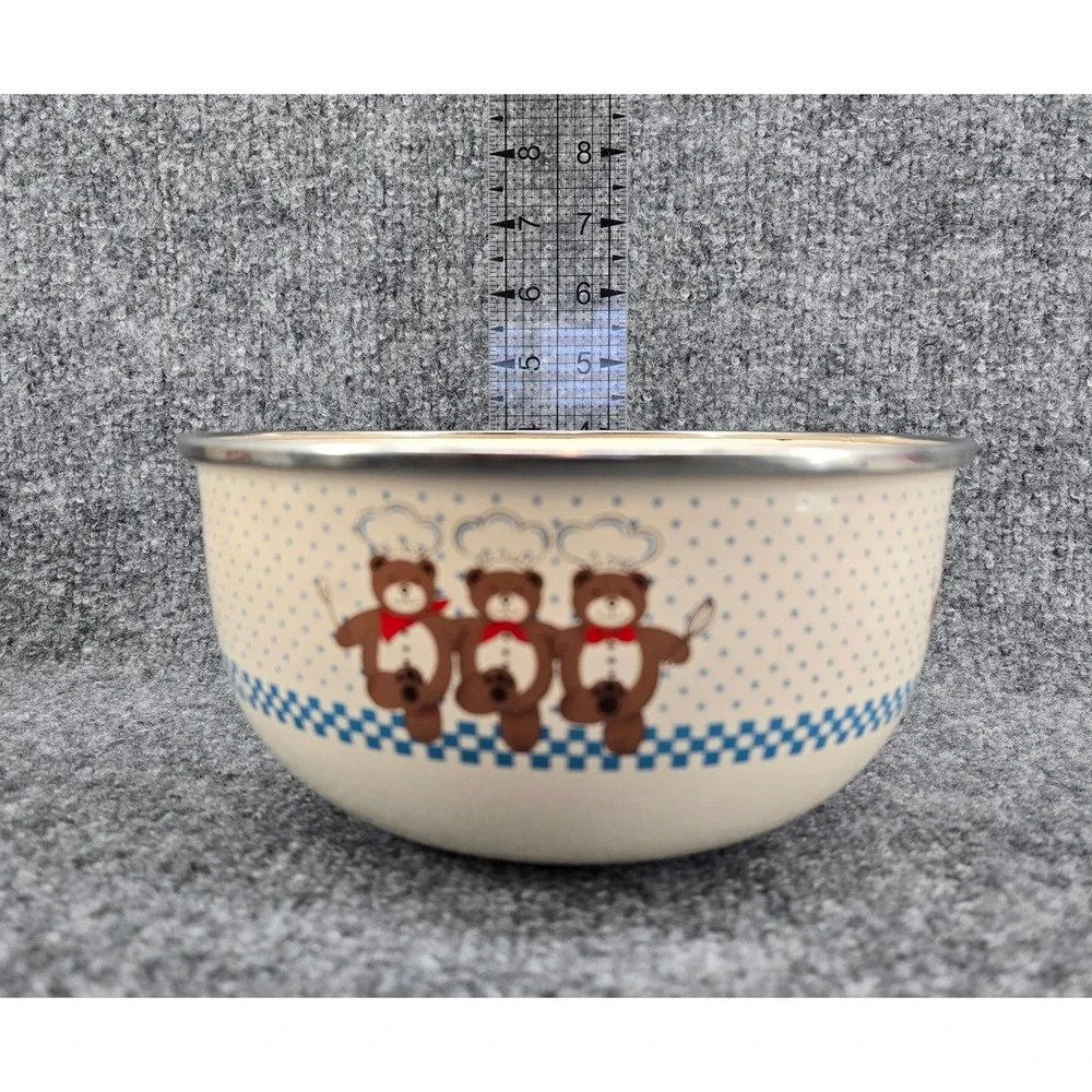 Vtg Set of 3 B&D Enamel Mixing Bowls Teddy Bear Chef w/ 2 Lids Metal 80s Rare